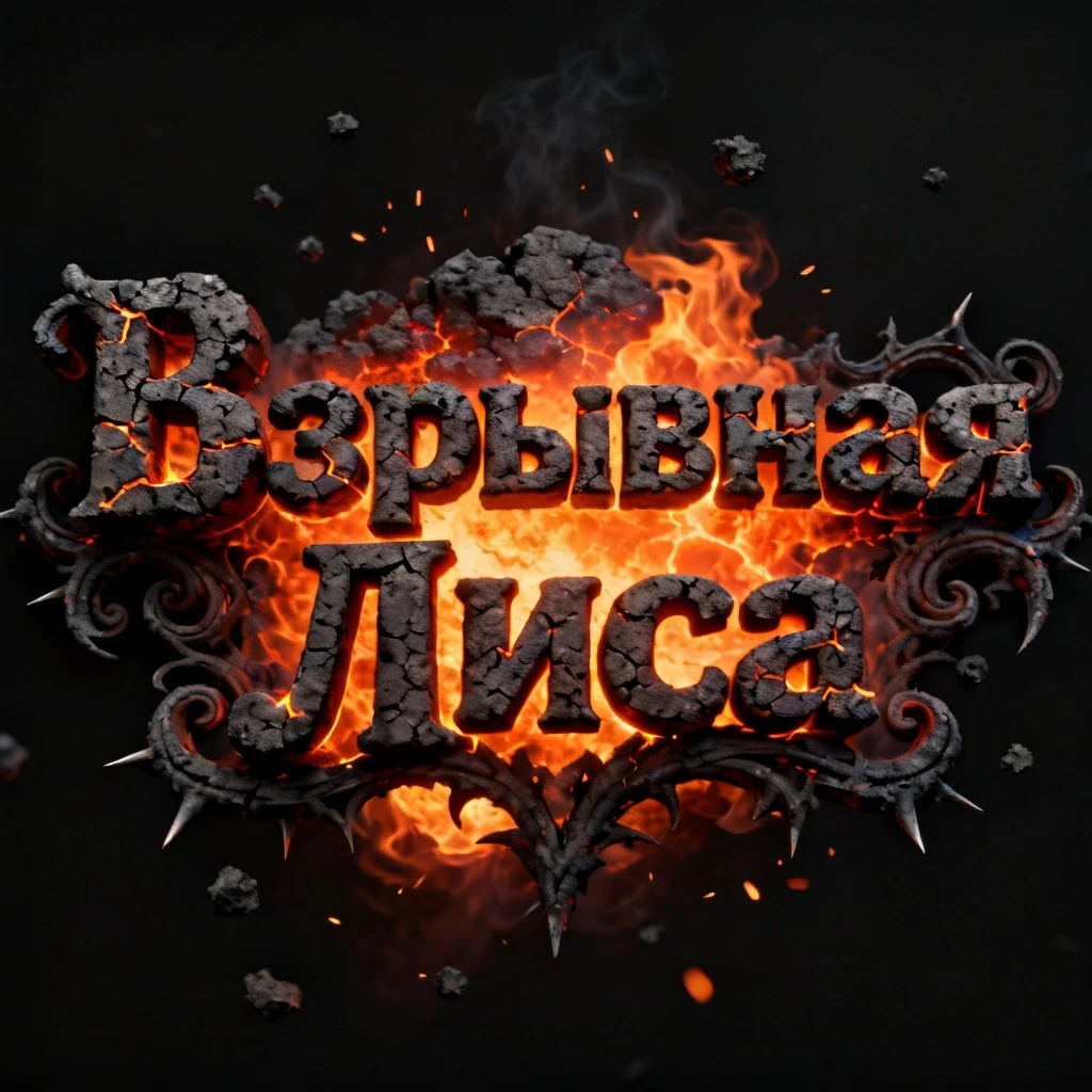 Cinematic smoldering charcoal and glowing ember title text in Russian: "Взрывная Лиса" with intricate gothic-inspired ash-covered curlicues and sharp, crackling…
