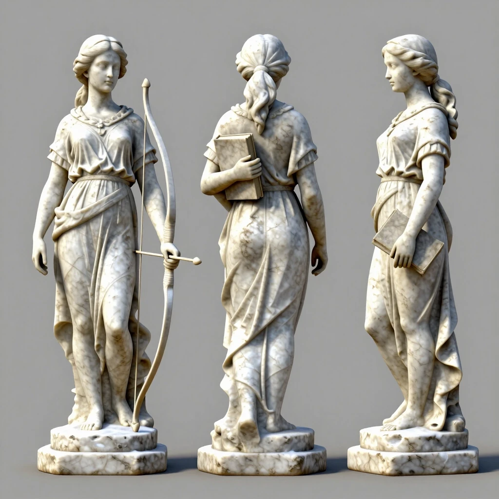stone statue of a young woman, RIGHT hand holding a bow down at her side, LEFT hand holding a closed book against her chest, arms clearly separated, four views: front, back,…