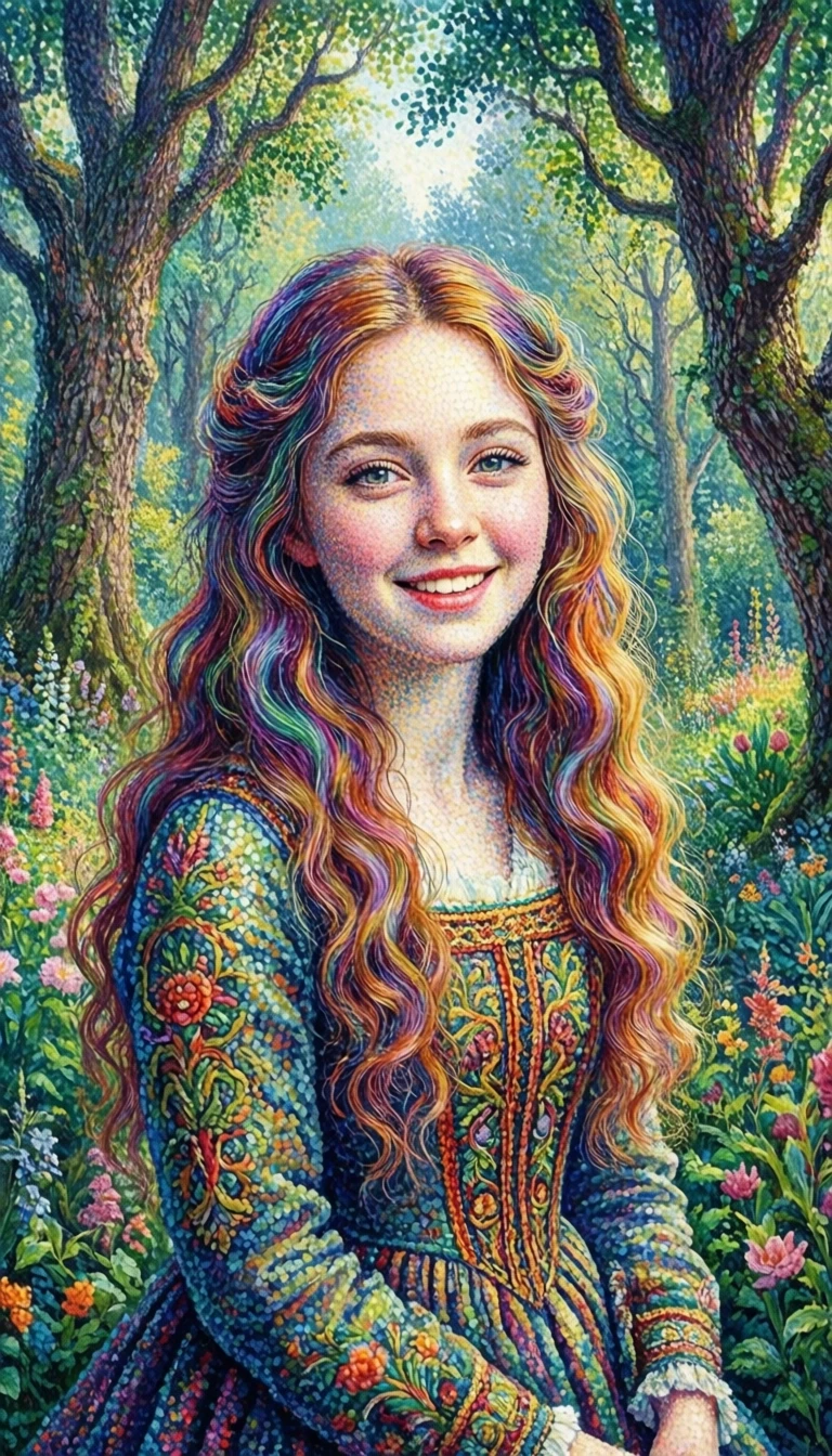 Pointillist art, watercolor, fantasy style. Separate clear strokes in the form of dots. Artist: Georges Seurat. A surreal portrait of an attractive girl, cheerful eyes, long…