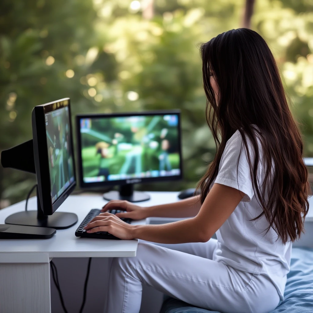 Woman playing computer game. Dark long hair, white jeans, white t-shirt. Nature — работа пользователя Могущественный Танец