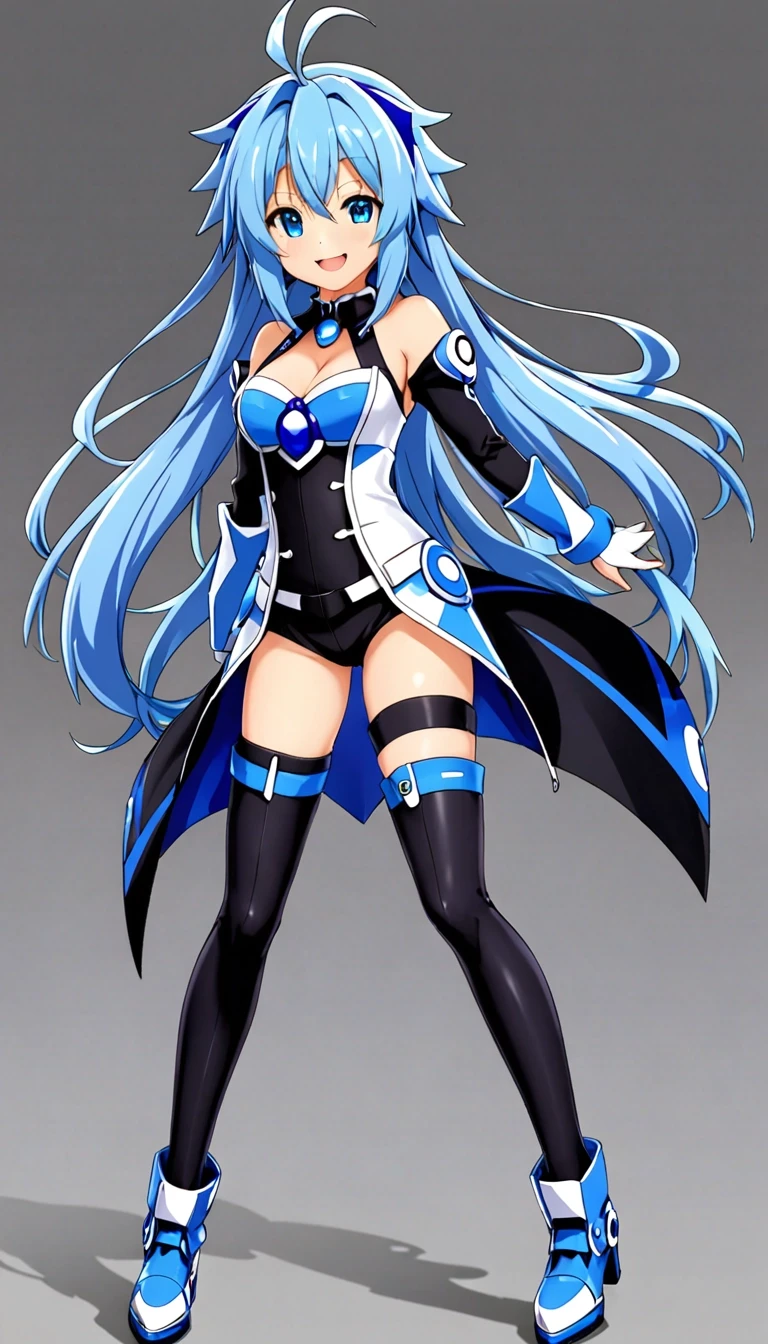 suit Smile Spiral, Neptunia-woman, full height, blue storm top, character sheet, Grey background — работа пользователя Новаторская Симметрия