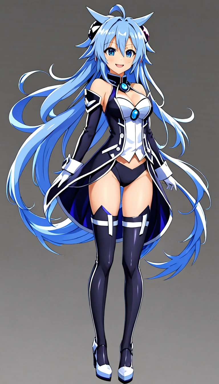 suit Smile Spiral, Neptunia-woman, full height, blue storm top, character sheet, Grey background — работа пользователя Новаторская Симметрия