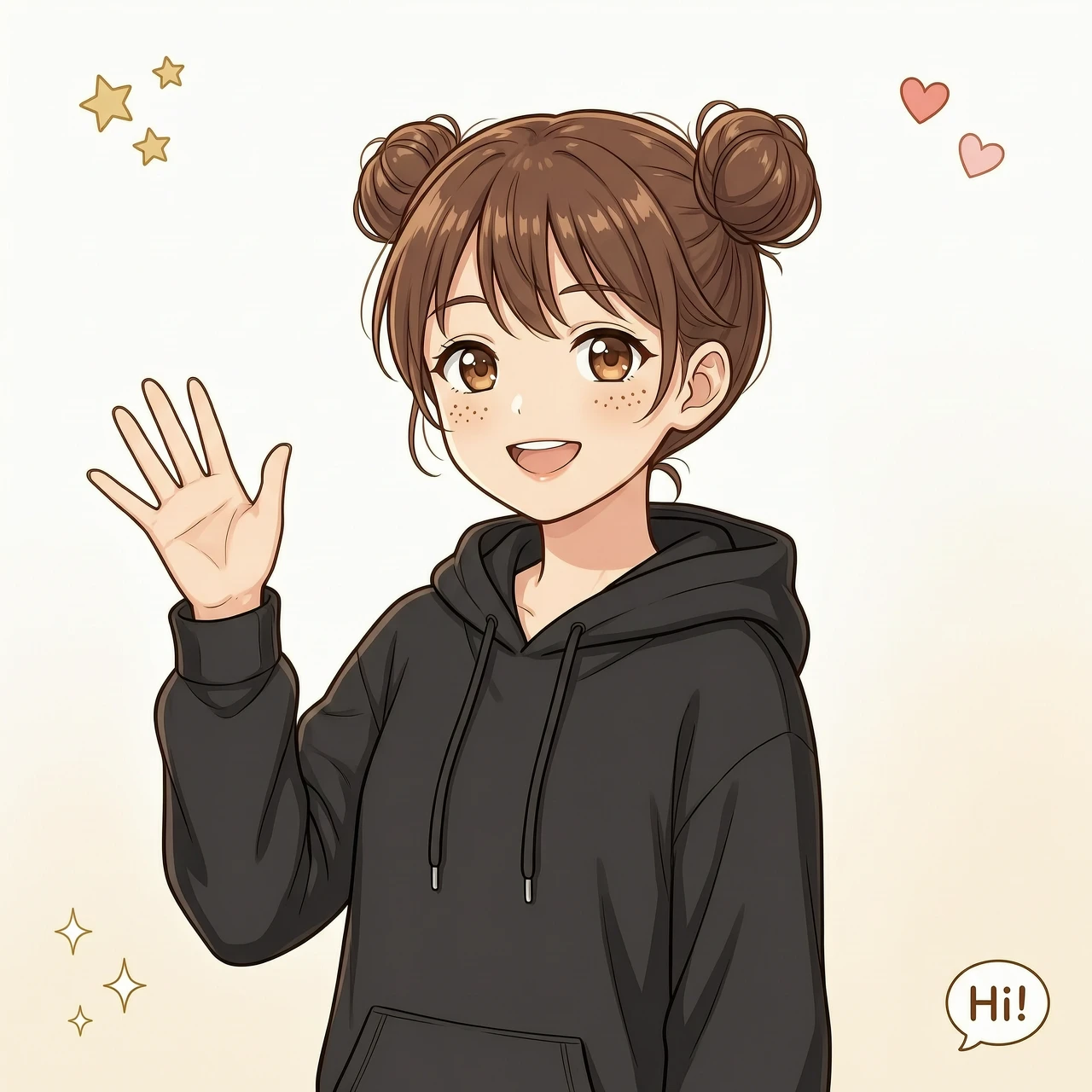 simple background, beautiful 1woman with short brown hair, hair buns, black hoodie, freckles, brown eyes, waving her palm, anime style — работа пользователя Божественная Звезда
