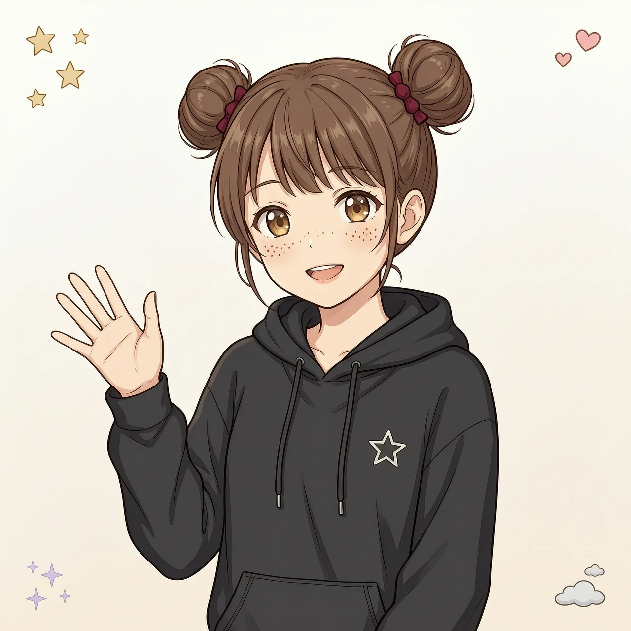 simple background, beautiful 1woman with short brown hair, hair buns, black hoodie, freckles, brown eyes, waving her palm, anime style — работа пользователя Божественная Звезда
