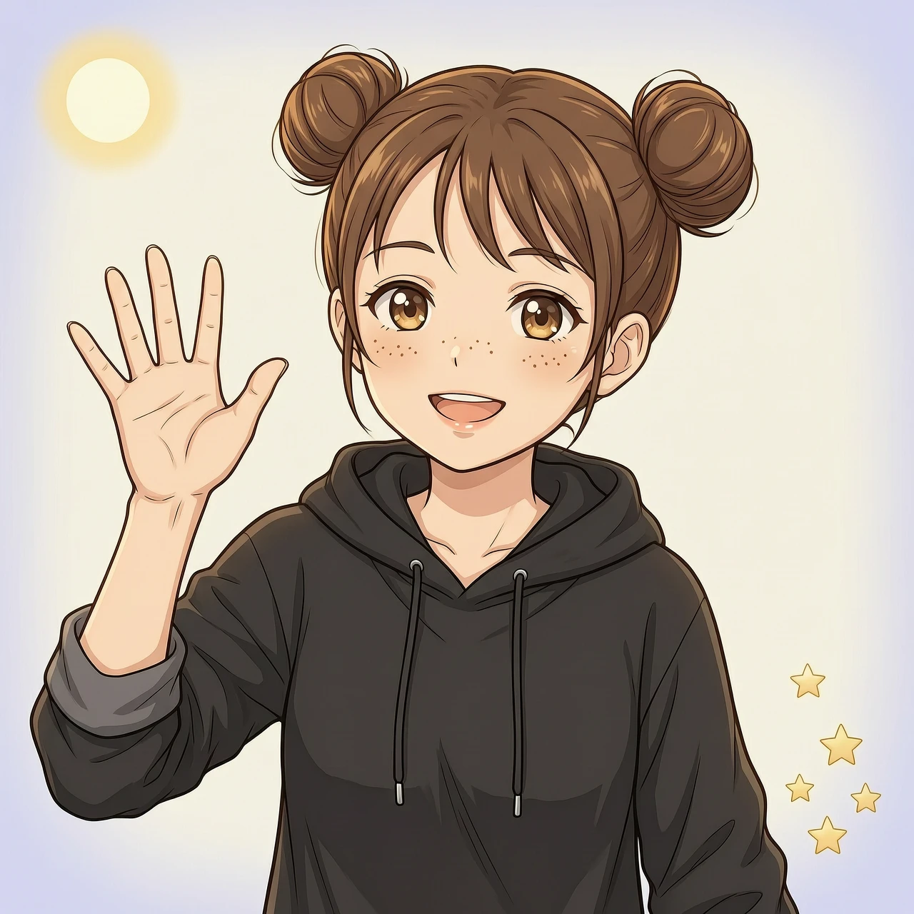 simple background, beautiful 1woman with short brown hair, hair buns, black hoodie, freckles, brown eyes, waving her palm, anime style — работа пользователя Божественная Звезда