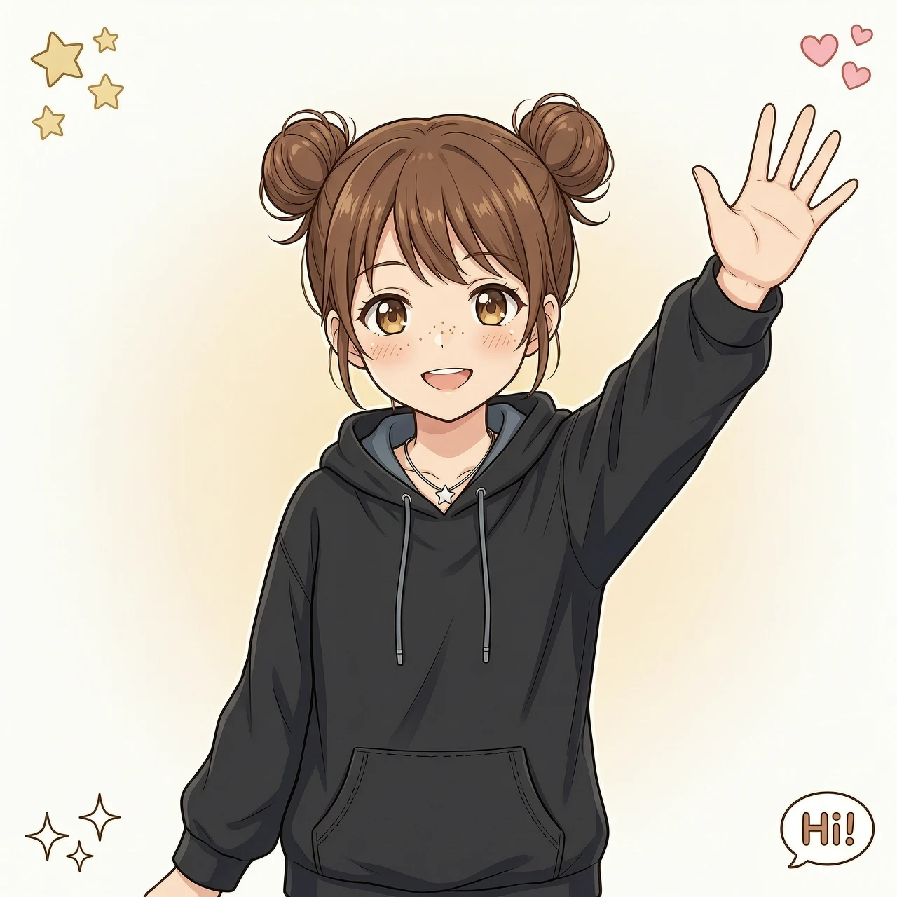 simple background, beautiful 1woman with short brown hair, hair buns, black hoodie, freckles, brown eyes, waving her palm, anime style — работа пользователя Божественная Звезда