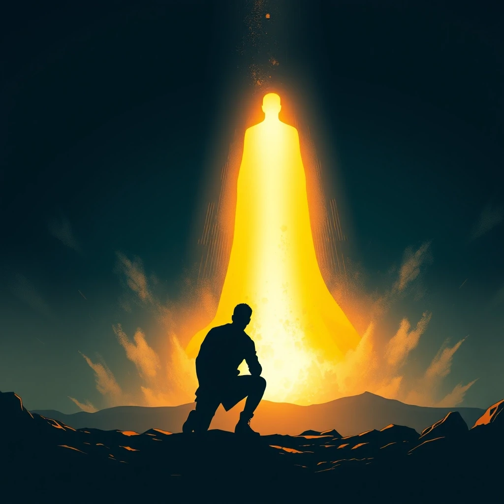 A human silhouette kneeling before a giant golden glowing figure made of light, comic book style with cinematic dramatic lighting, dark graphic novel aesthetic, bold black…