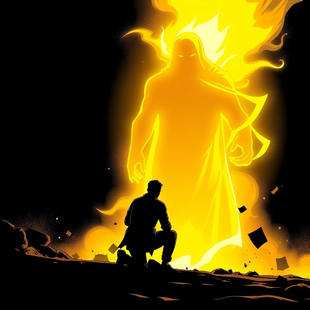 A human silhouette kneeling before a giant golden glowing figure made of light, comic book style with cinematic dramatic lighting, dark graphic novel aesthetic, bold black…