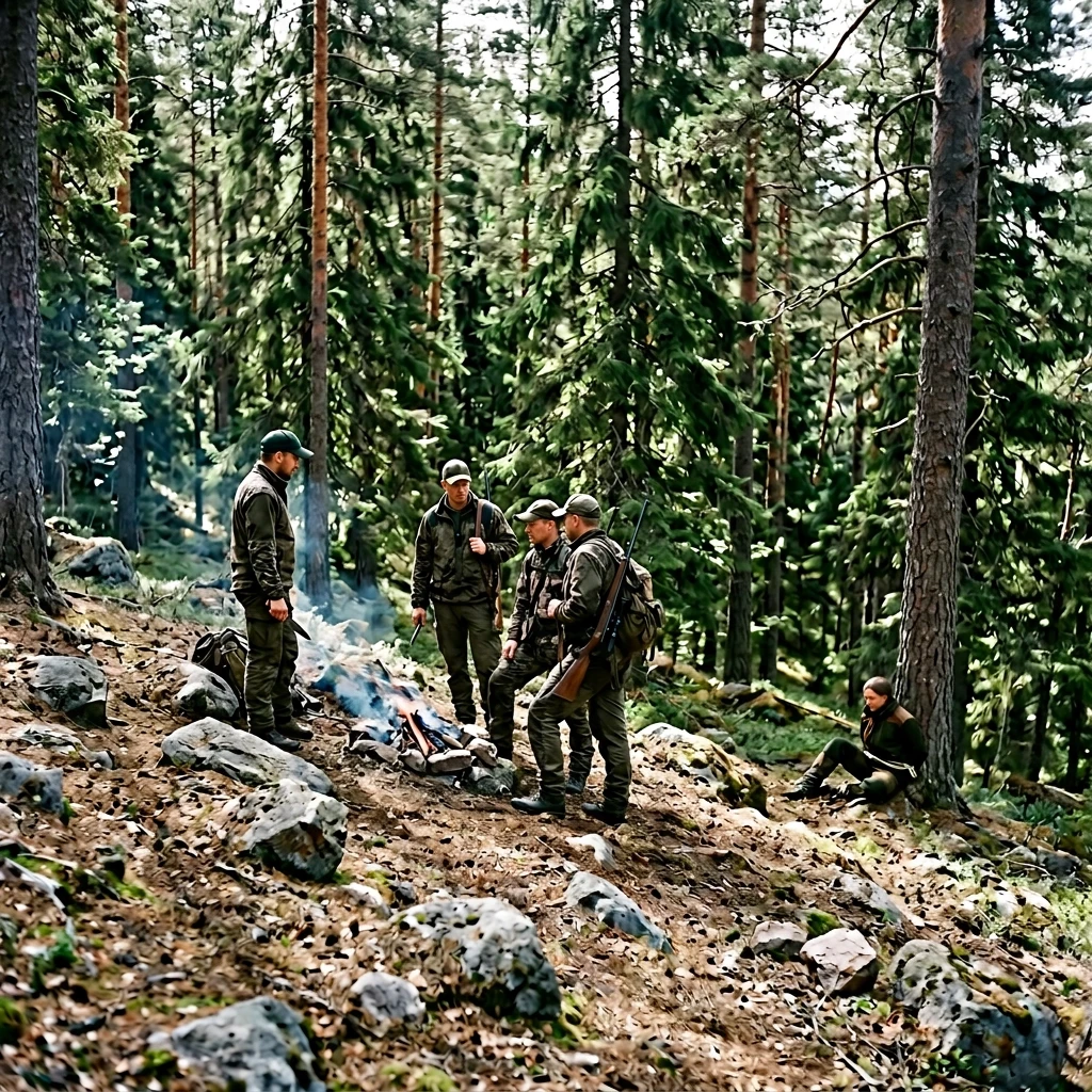 Хвойный лес. На склоне холма стоят трое вооружённых мужчин в камуфляже и бейсболках у одного из них в руке нож. Оружие отечественного производства. Небольшой костёр. В отдалении…