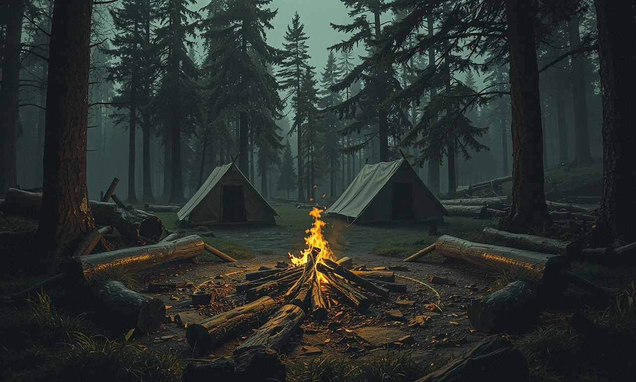 Фэнтези, средневековье. Костер в лесу, вокруг костра разложены брёвна, за бревнами пять палаток. Вокруг лес. Вечер, приглушенные тона, стиль цифровая фэнтези живопись. Высокое…