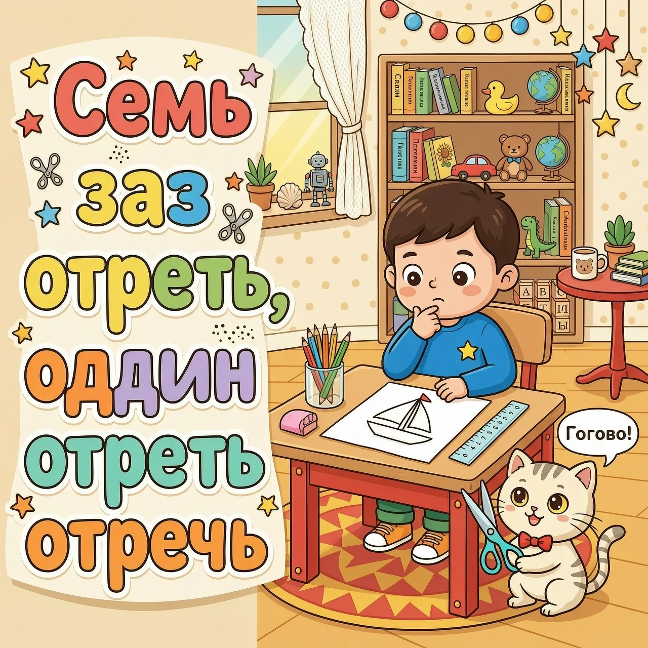 Создай детскую картинку к дню пословиц и поговорок в мультяшном стиле, размер картинки 1600:400 пикселе. в ярких и насыщенных тонах. Пословица «Семь раз отмерь, один раз отрежь»…