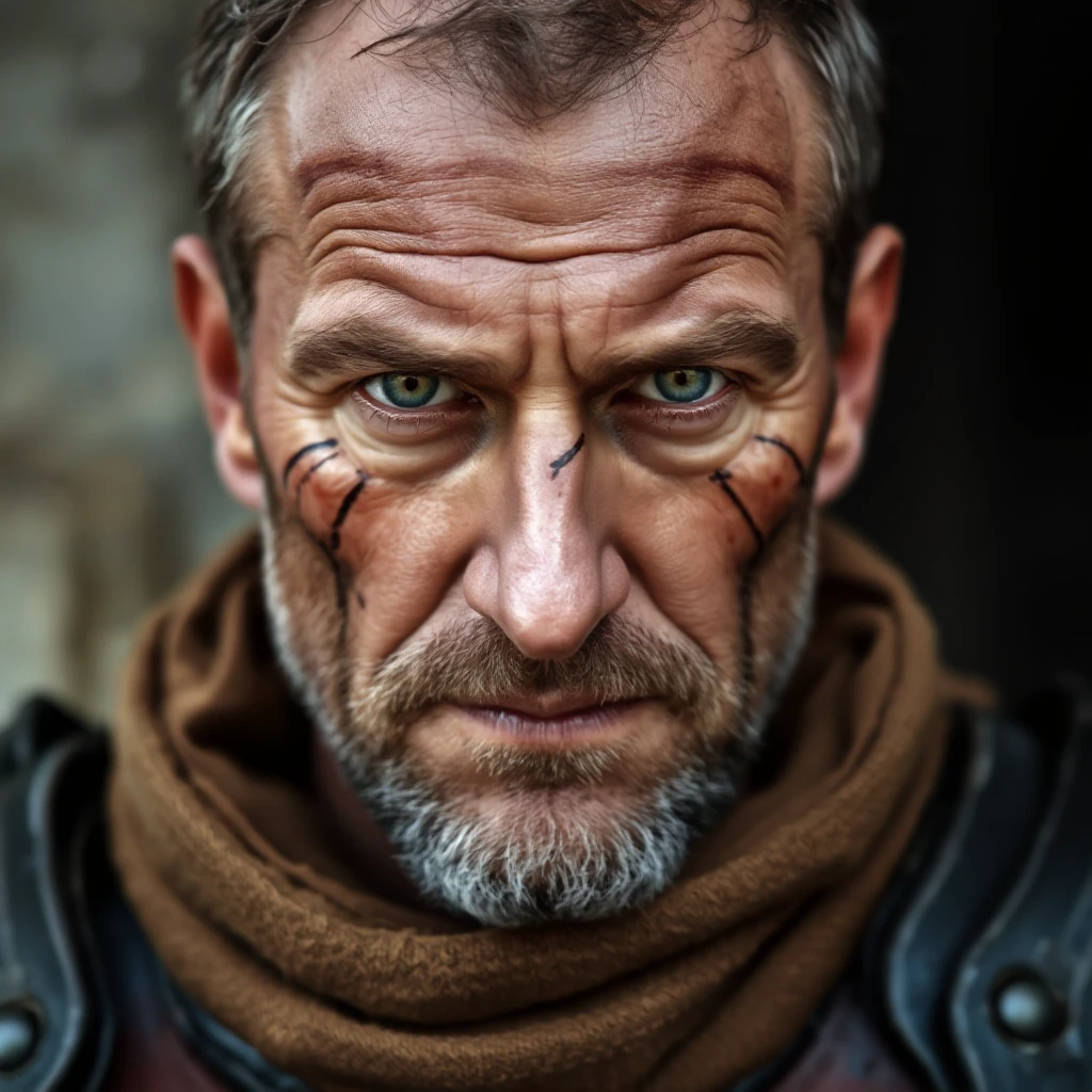 A middle-aged man with a calm gaze, green eyes, and a crusader's uniform with black armor. His face bears the scars of the past — работа пользователя Бесконечная Оптика