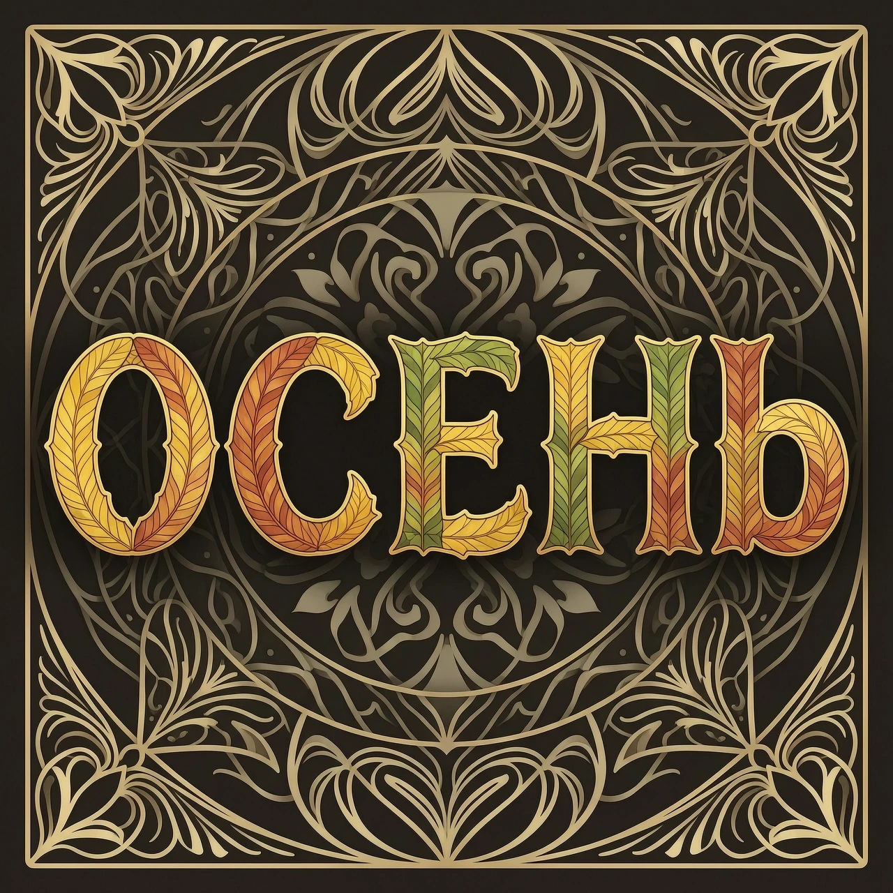 Digital image with double exposure and overlay of layers and textures. Vector graphics. The word "OCEHb" is made of gold, crimson and green skeletonized textured…