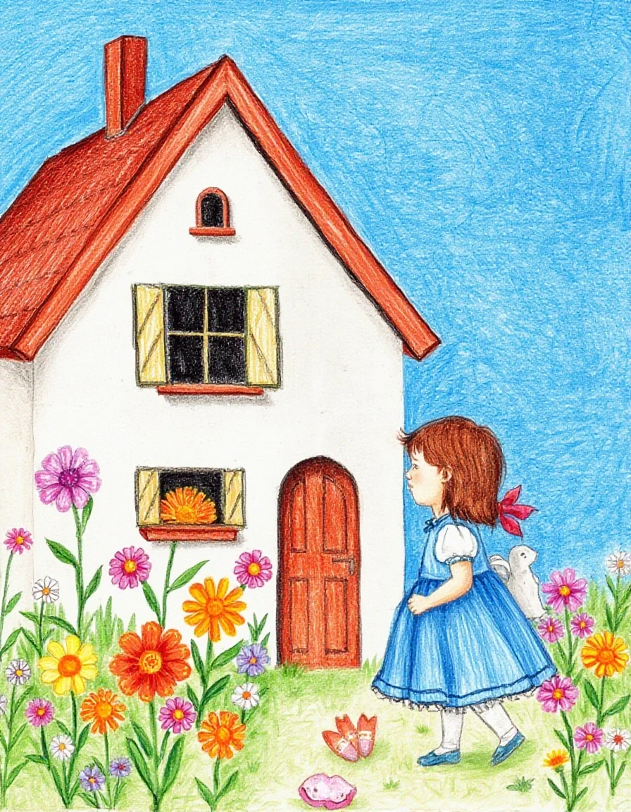 A masterpiece. Creating an image. ((The style is naive graphics in colored pencils. children's drawing of flowers, house, summer, golubonebo, little girl:1,6)). High…