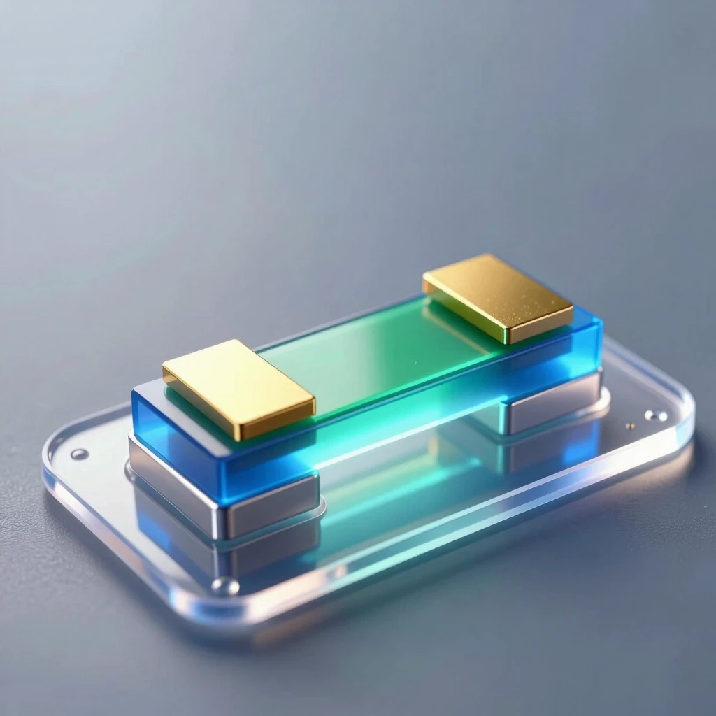A hyper‑realistic scientific 3D illustration of a single organic field‑effect transistor with a bottom gate and top contacts of the following structure (thin layers from bottom…