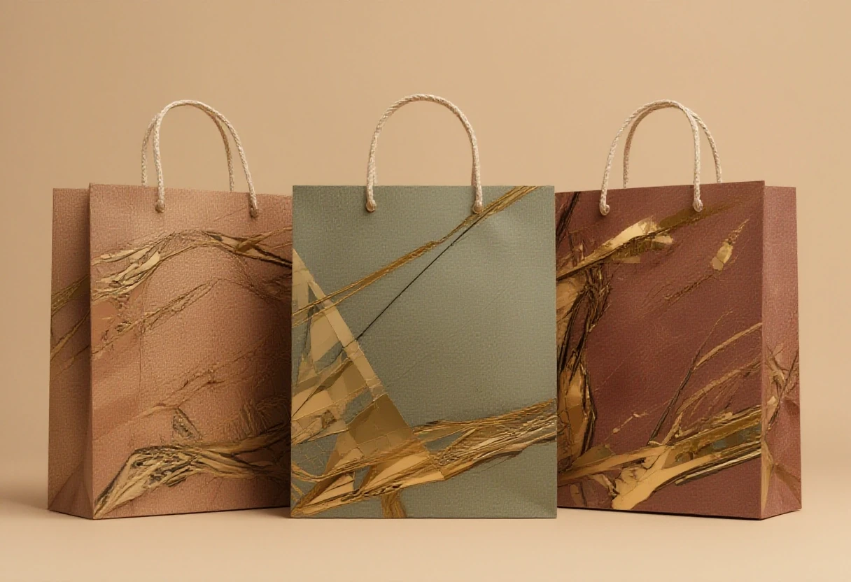 Three premium paper shopping bags standing side by side on a stark, matte light beige background with no gradient, white twisted rope handles, photorealistic product photography…