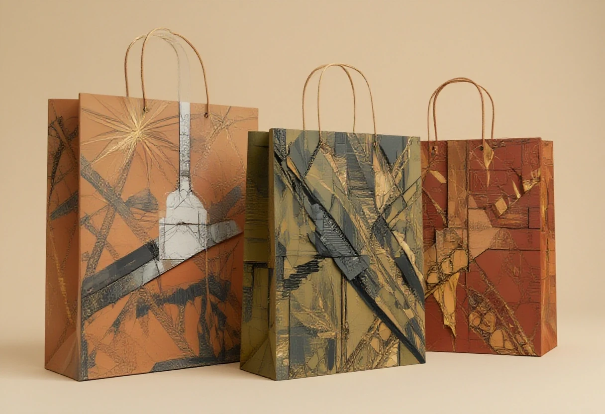 Three premium paper shopping bags standing side by side on a stark, matte light beige background with no gradient, white twisted rope handles, photorealistic product photography…