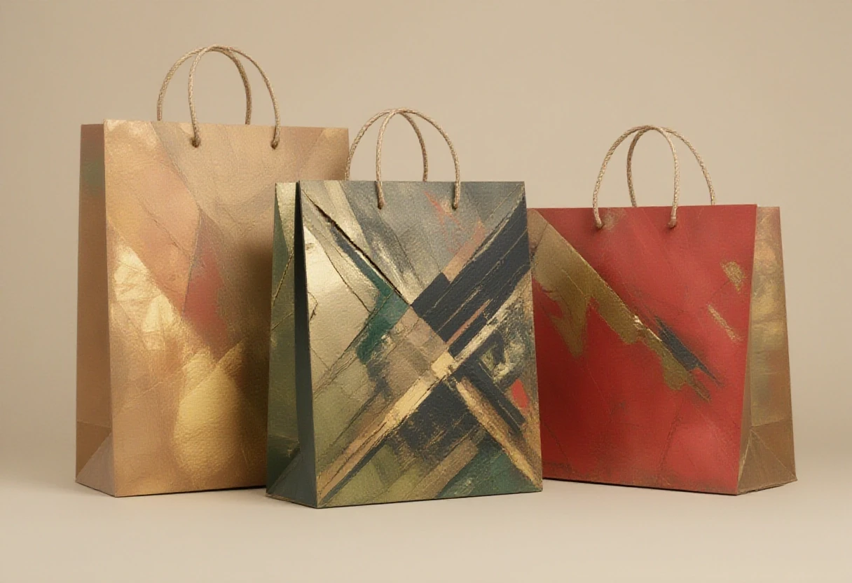 Three premium paper shopping bags standing side by side on a stark, matte light beige background with no gradient, white twisted rope handles, photorealistic product photography…