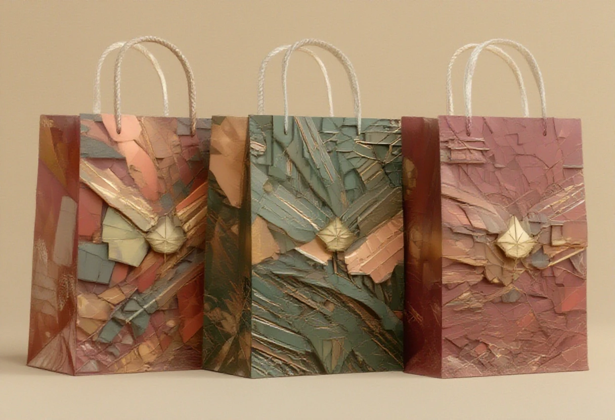 Three premium paper shopping bags standing side by side on a stark, matte light beige background with no gradient, white twisted rope handles, photorealistic product photography…