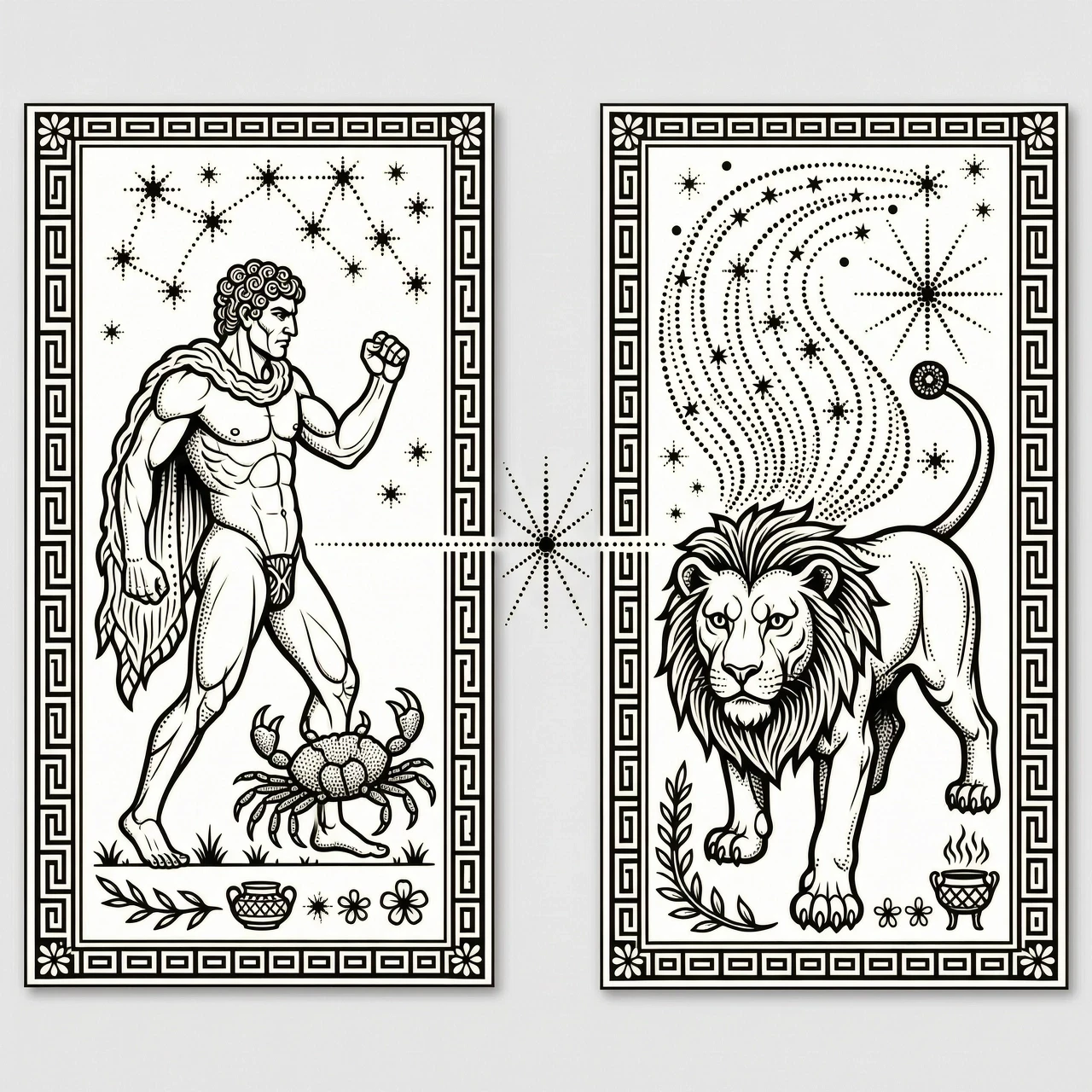 Pair of matching tattoo designs, ancient Greek mythology, left design: crab pinching the heel of Hercules, right design: Nemean lion with a mane of stars, connected by a dotted…