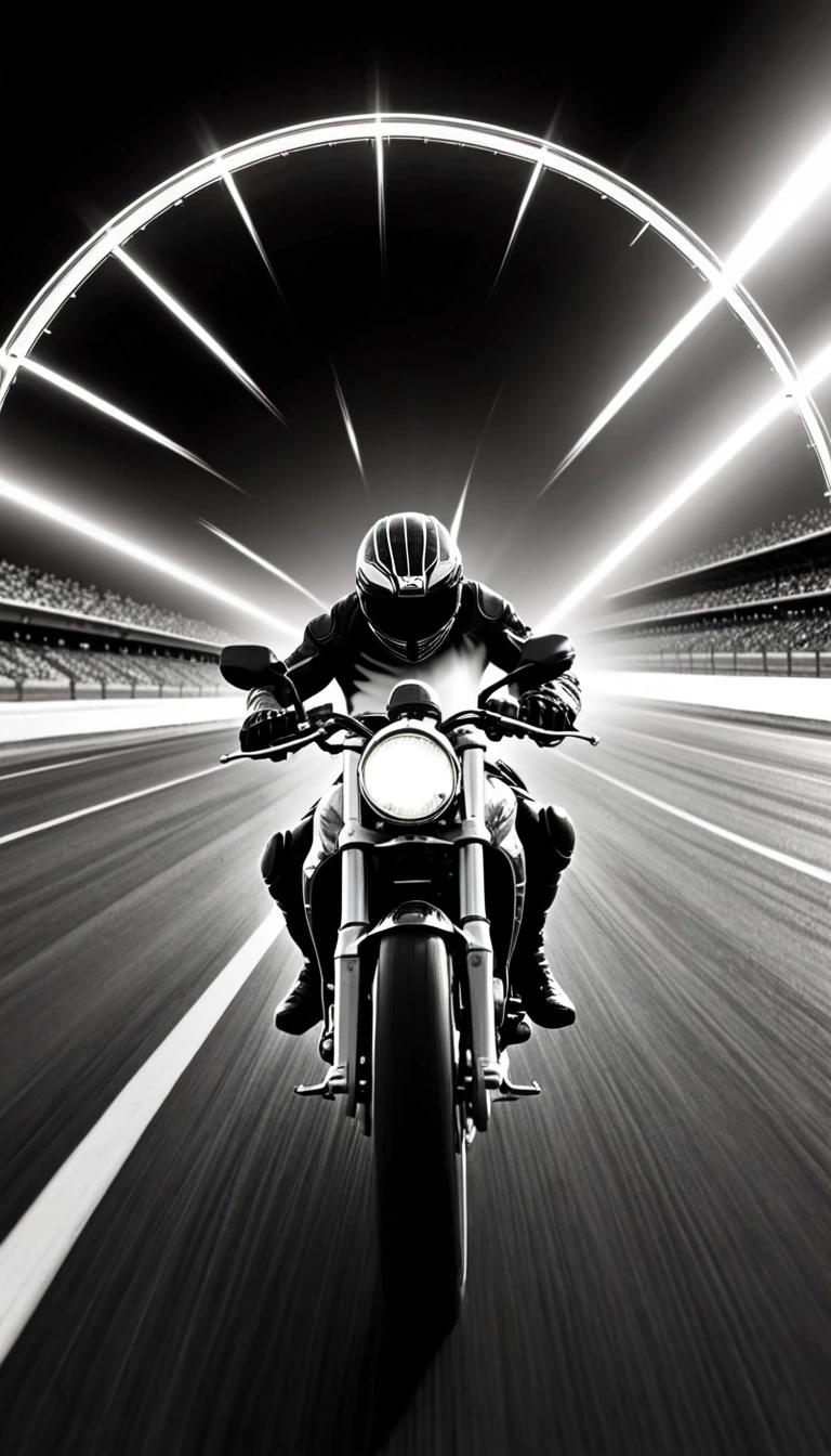 A striking black-and-white, high-speed shot of a motorcyclist on a racetrack; superimposed at the top of the frame is a large, glowing speedometer showing ascending…