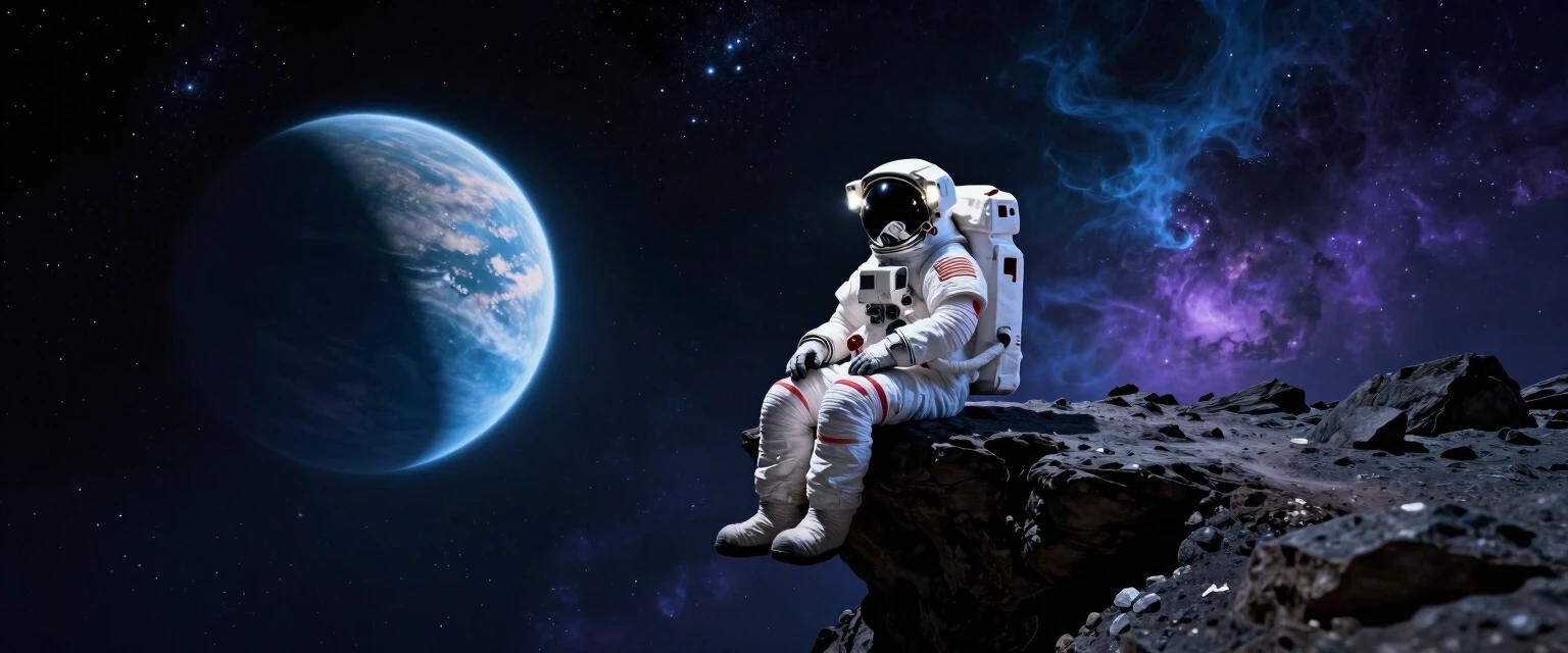 A lone astronaut in a detailed white spacesuit sits on the edge of a dark, rocky outcrop in outer space. A large, light-blue planet hovers in the distance to the left. The…