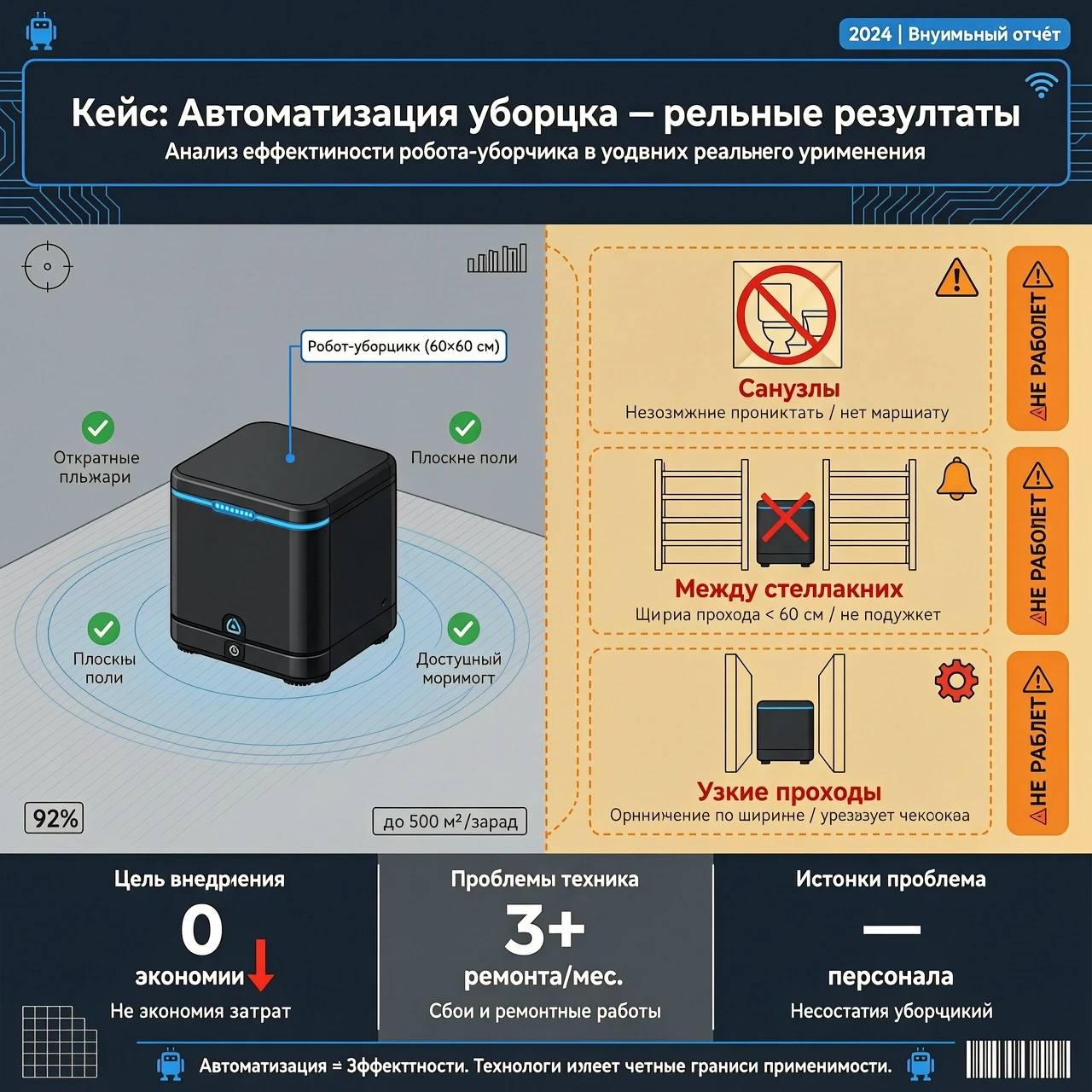 Сгенерируй мне картинку для кейса: робот-уборщик (черная коробка примерно 60х60 см) эффективен только на открытых площадях (в замкнутых помещениях (санузлы, места между…