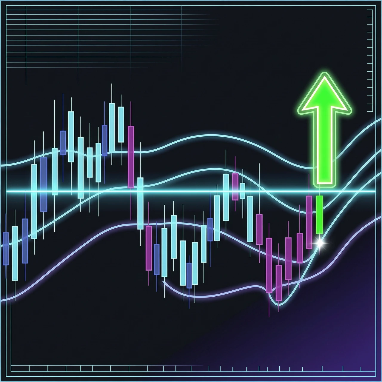 Create an image for a post in the style of a stock market terminal. Format: square 1080x1080. Dark background (#0a0e17). On the chart - candles, three Bollinger Bands (upper,…