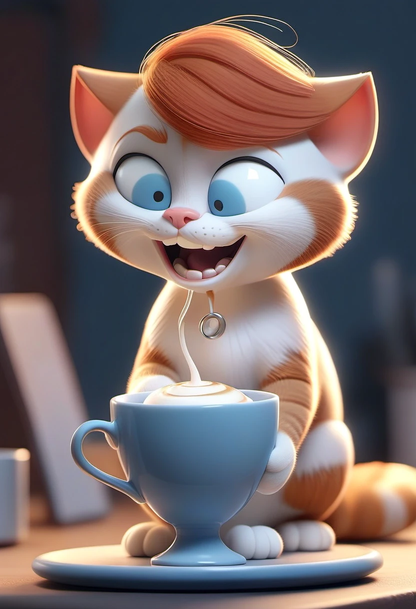 Создай 3D-иллюстрацию в стиле Pixar: в центре — очаровательный мультяшный котёнок рыже‑белого окраса, он держит в лапках белую керамическую чашку с горячим напитком, от которой…