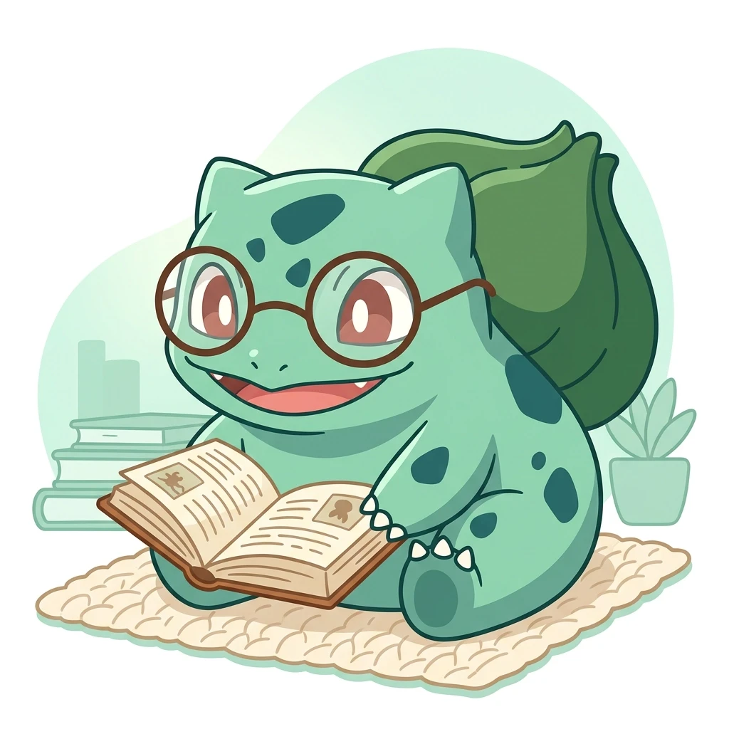 Flat vector illustration, cute academic Bulbasaur character with round glasses, holding an open book, smiling and reading, soft pastel mint green and white background, studio…
