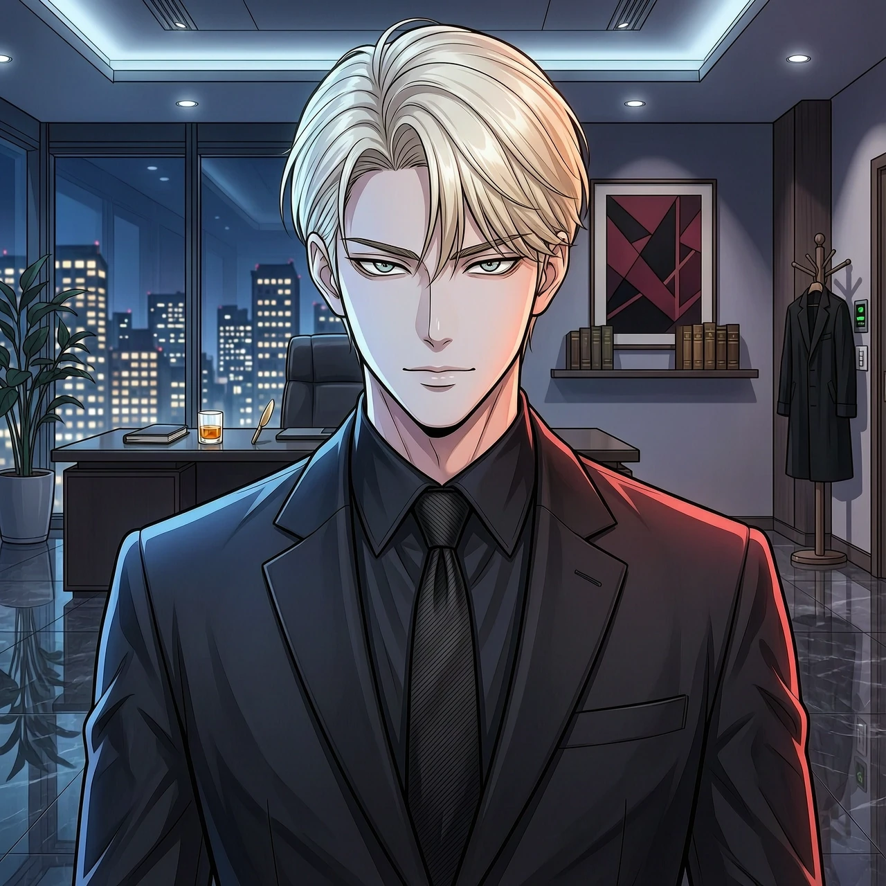 A stunningly handsome and elite 2D digital anime portrait in full vivid colors, gorgeous k-pop webtoon style, pristine manhwa aesthetic. A young dominant alpha crime boss with…