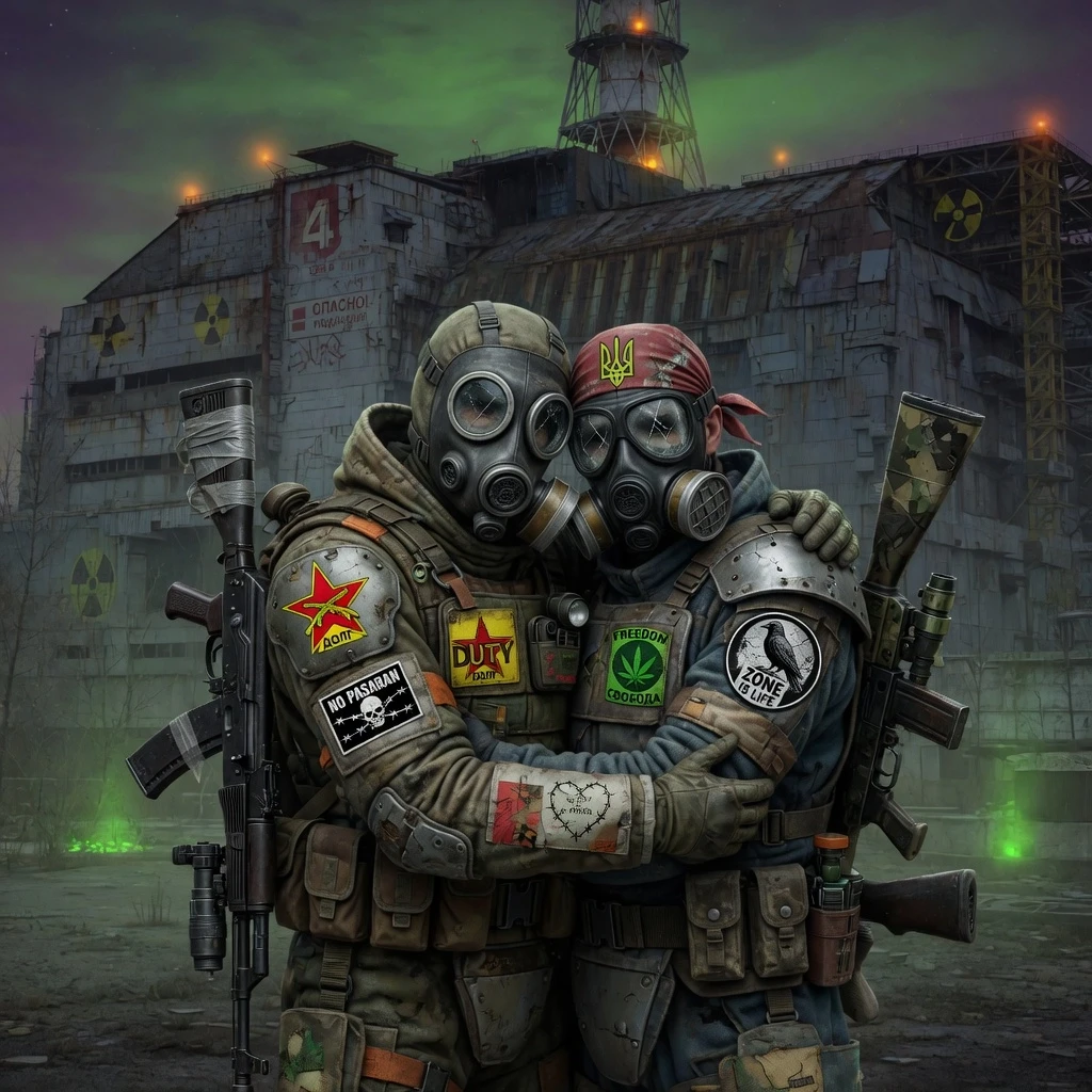 Create two characters from the game Stalker with these patches, wearing armor and carrying weapons, with their faces covered by masks, embracing each other against the backdrop…