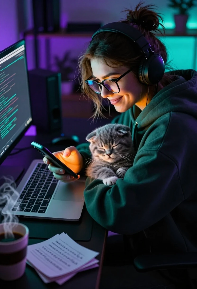 A cinematic, high-angle shot looking down from the shoulder of a hacker. The hacker is a young woman with messy hair and oversized glasses, her face partially illuminated by the…