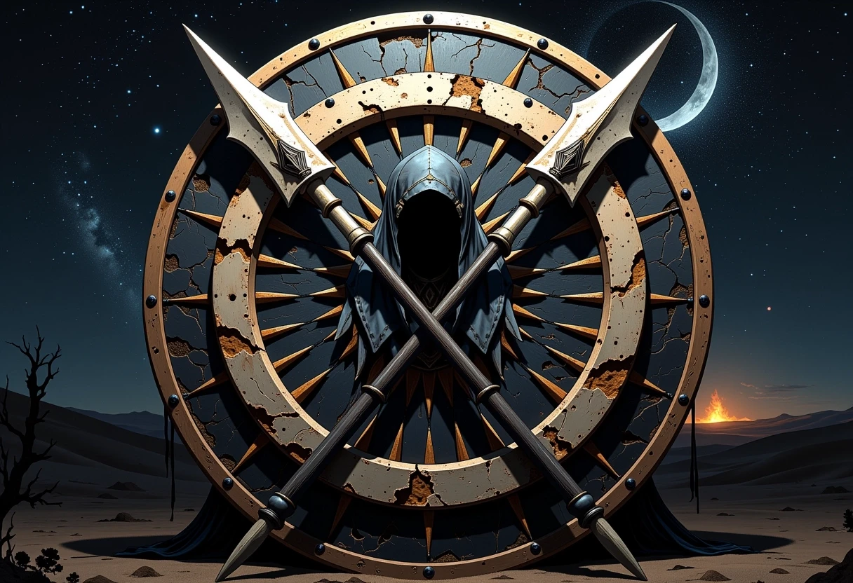 Circular emblem of a fierce, warlike desert tribe, centered composition. In the foreground, a weathered tribal shield made of dark hide and bone ornaments, overlaid with two…