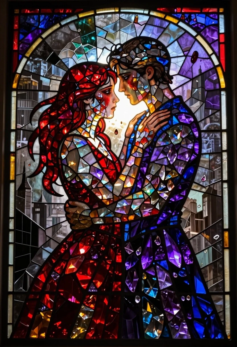 A breathtaking surreal mosaic mural rendered as a luminous stained glass window, depicting the final, heartbreaking moment of a goodbye between two lovers. The entire scene is…