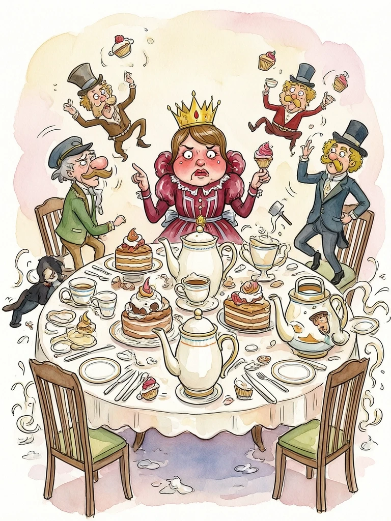 (masterpiece:1.8, acrylic painting:1.5, best quality:1.6, ultra-detailed:1.6). A bizarre and funny image (of the Queen of Hearts), who, sitting at a crazy tea table, angrily…