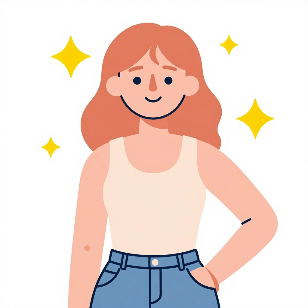 Modern flat vector illustration. A woman depicted from the waist up with wavy ginger hair and bangs. Large nose, dot eyes, gentle smile. Wearing a beige tank top and blue jeans.…