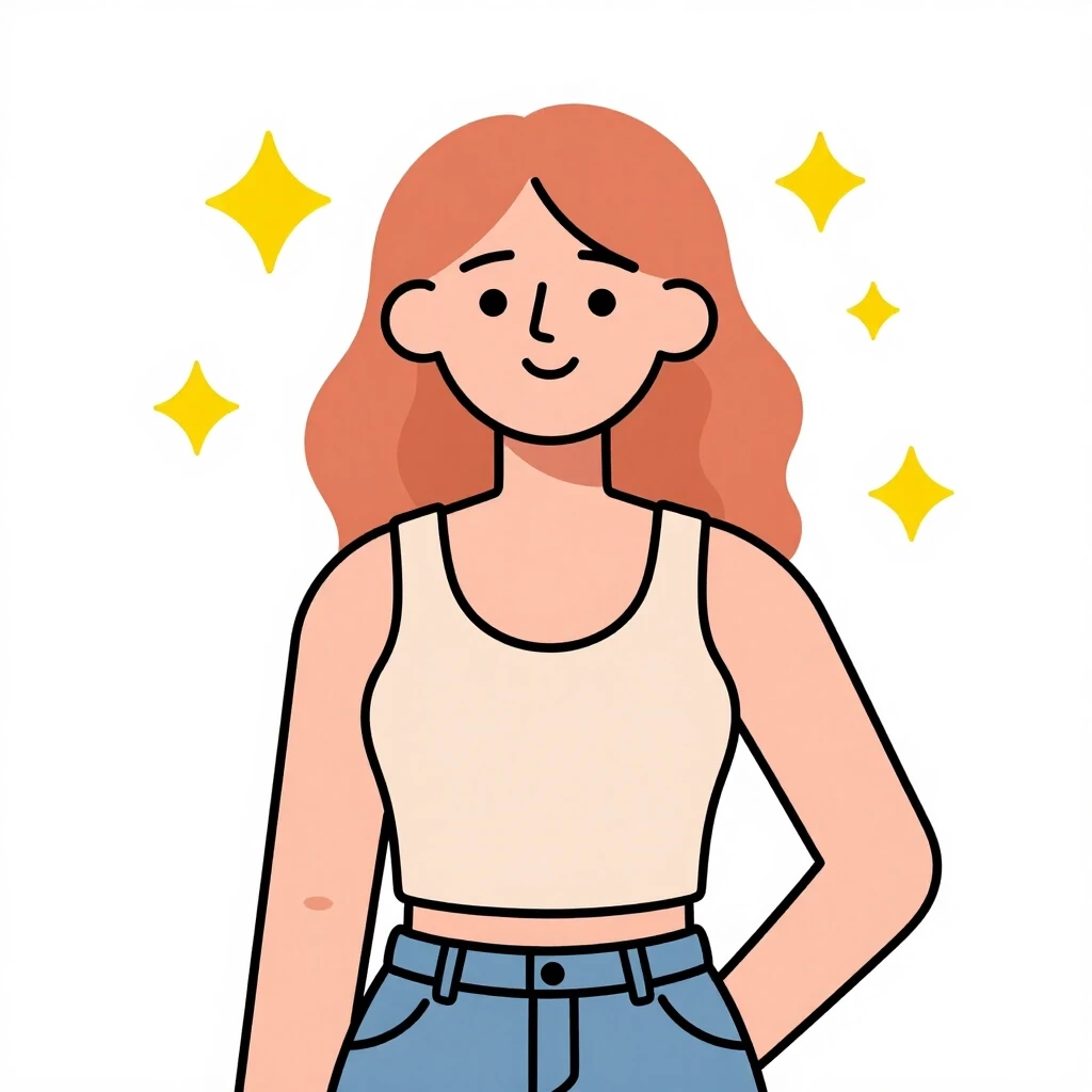 Modern flat vector illustration. A woman depicted from the waist up with wavy ginger hair and bangs. Large nose, dot eyes, gentle smile. Wearing a beige tank top and blue jeans.…