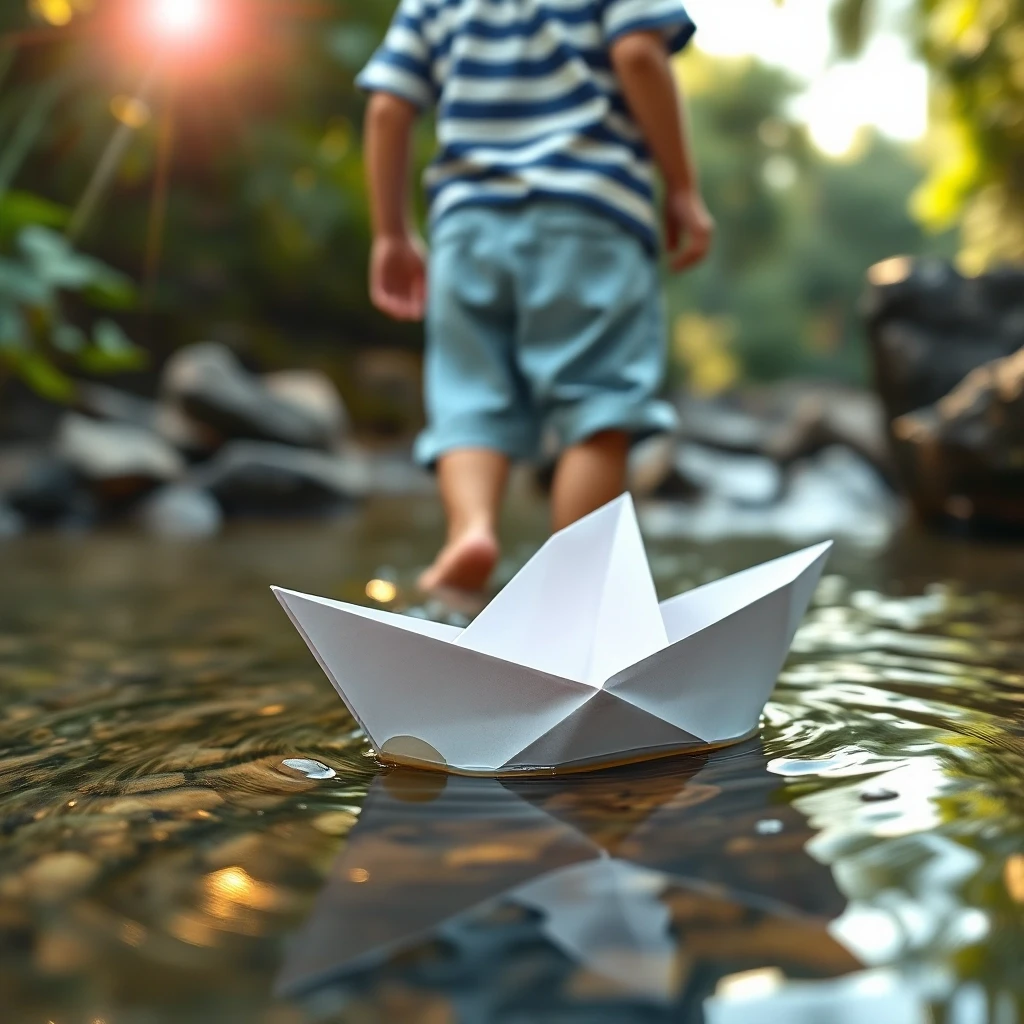 A child’s back view walking through a shallow stream, visible only from waist down: wearing a blue-and-white striped short-sleeve shirt and light blue shorts, barefoot in water;…