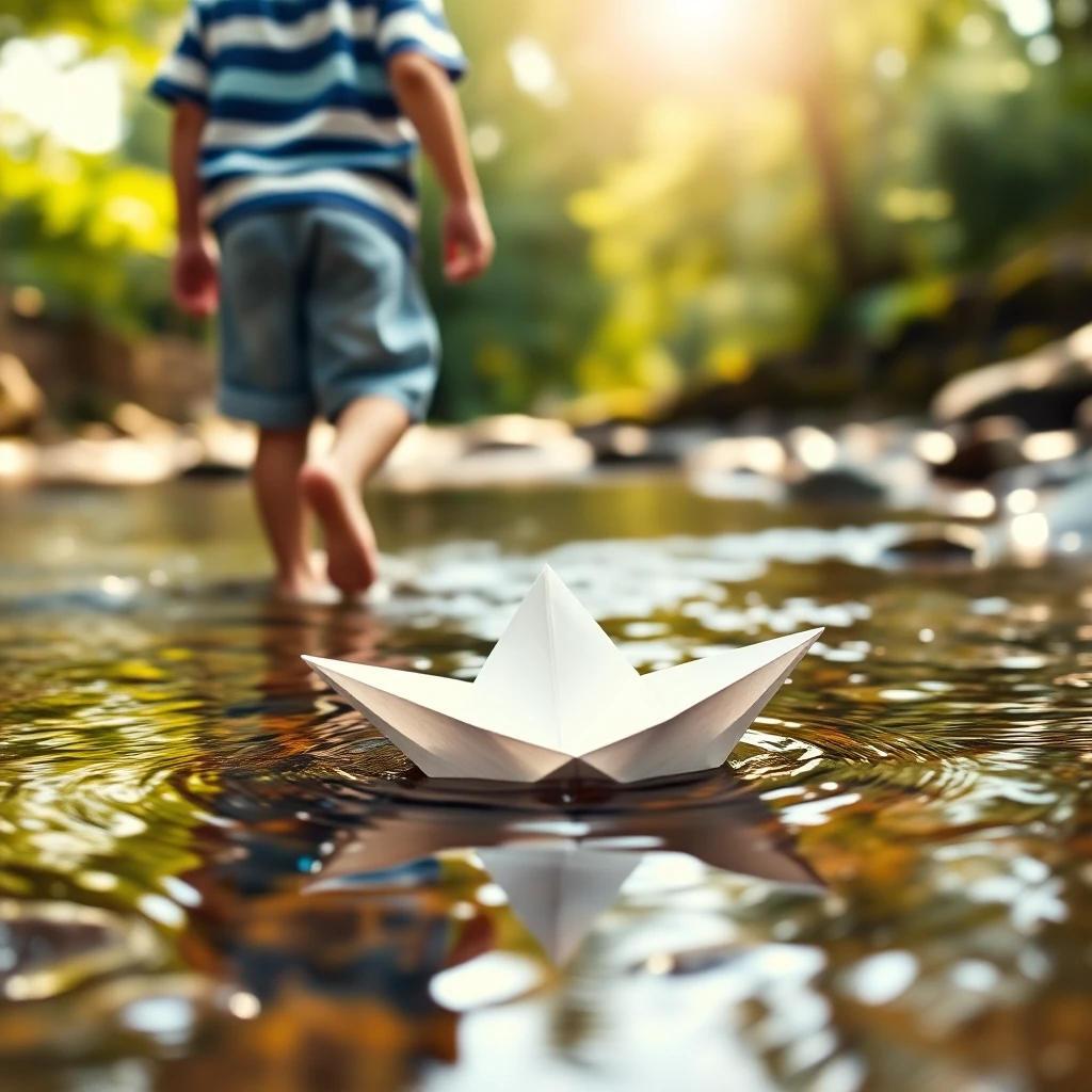 A child’s back view walking through a shallow stream, visible only from waist down: wearing a blue-and-white striped short-sleeve shirt and light blue shorts, barefoot in water;…