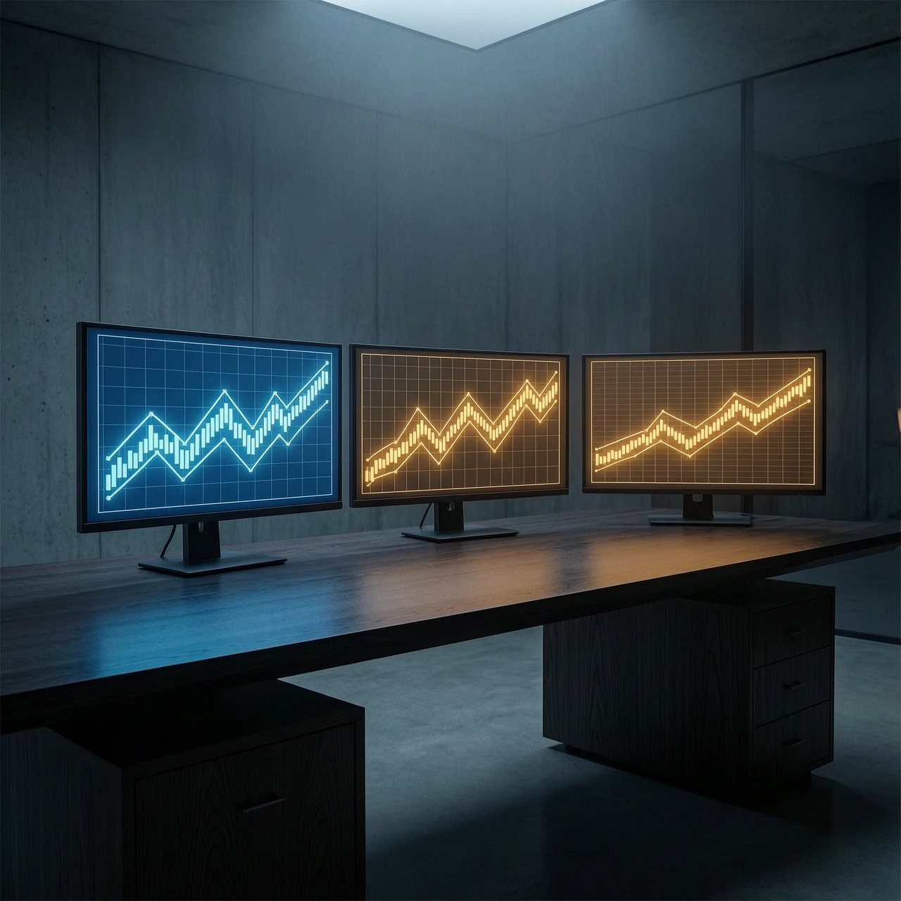 Minimalist cinematic scene, three glowing screens on a dark desk, each showing different abstract chart patterns and financial symbols, neon blue and amber lighting, no text on…