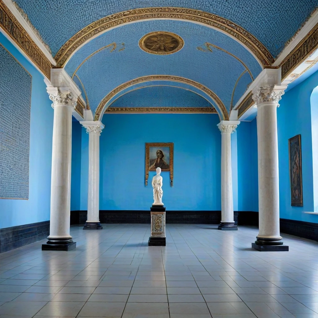 A large, semi-circular, white hall with no windows. Along the walls are sculptures depicting a ball on a very thin pillar. The walls are adorned with paintings depicting a ball…
