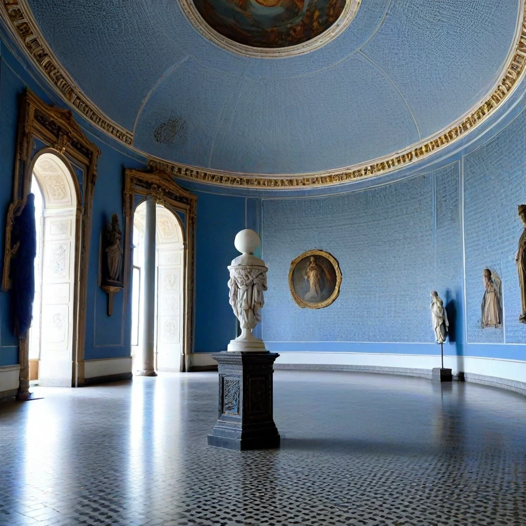 A large, semi-circular, white hall with no windows. Along the walls are sculptures depicting a ball on a very thin pillar. The walls are adorned with paintings depicting a ball…