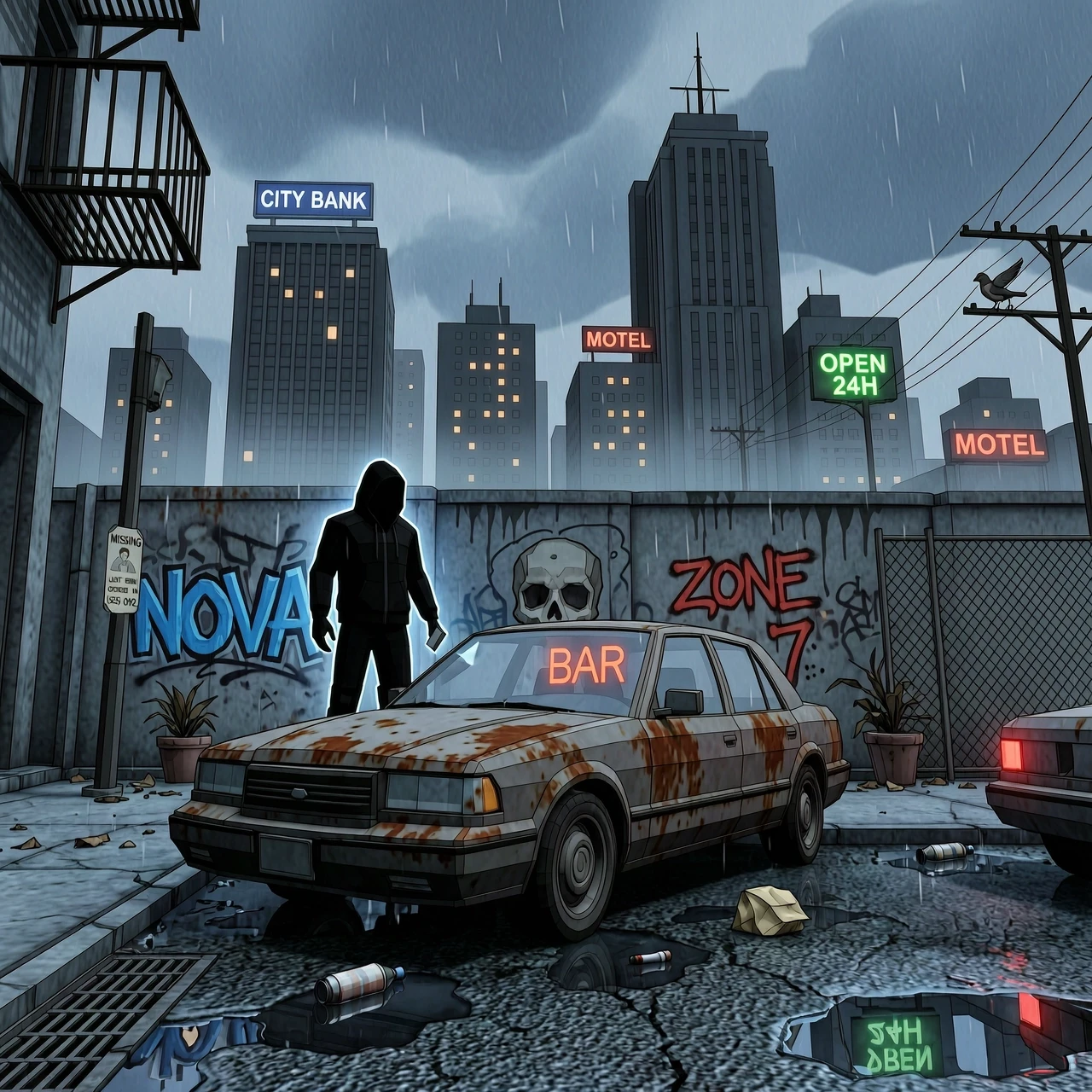 Мрачный город в духе GTA 3: пасмурное небо, серовато‑стальная палитра, мокрый асфальт с отражениями тусклых неоновых вывесок. На переднем плане — герой в тёмной куртке и с…