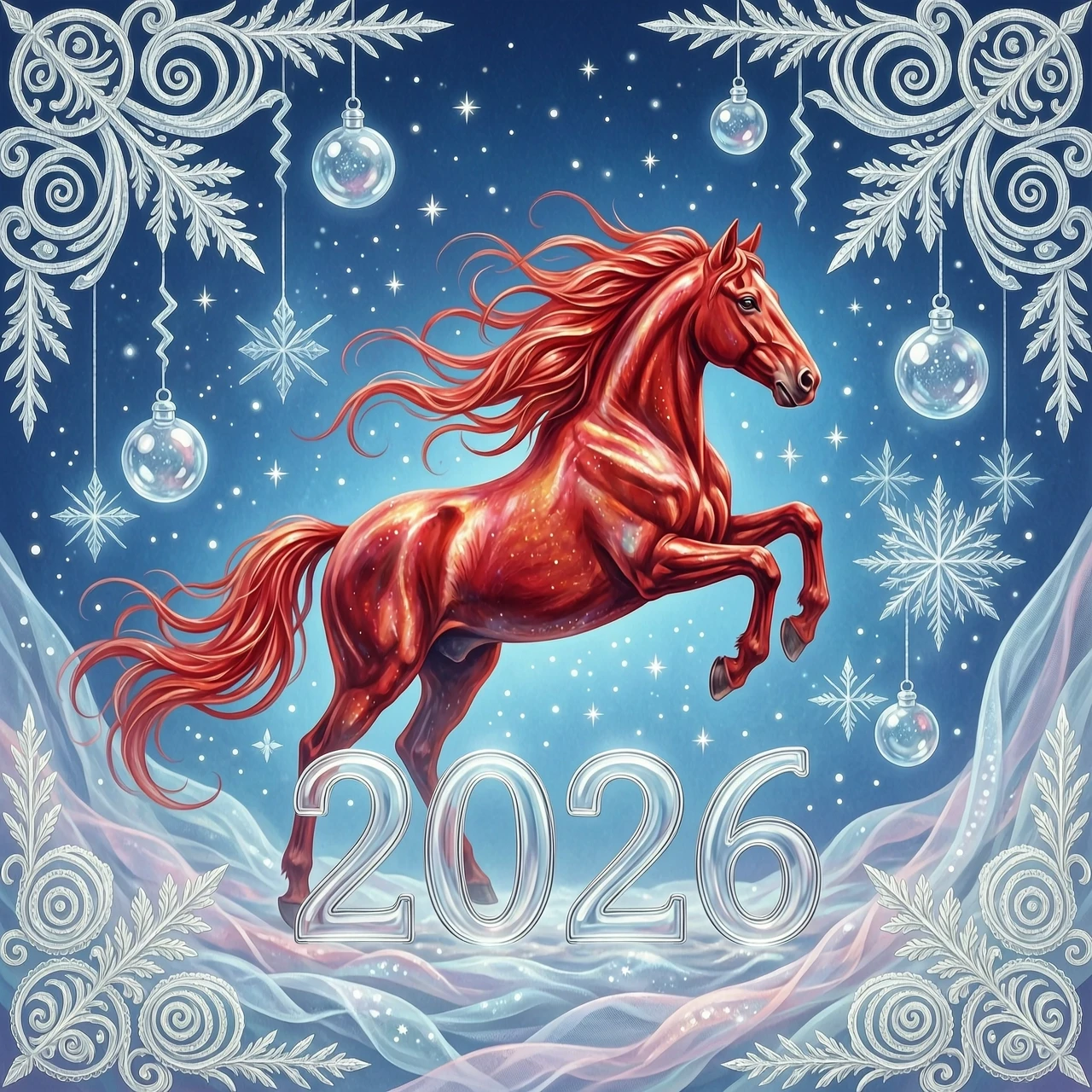 In the double exposure style. An ephemeral mythical creature in the form of a beautiful scarlet fiery horse with a long wavy mane collects the word "2026" from glass…