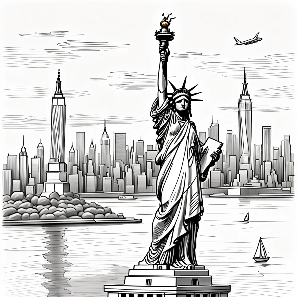Statue of Liberty, New York in the background: simple pencil sketch, only lines and contours, white background, like in a children's book, monochrome. — работа пользователя…
