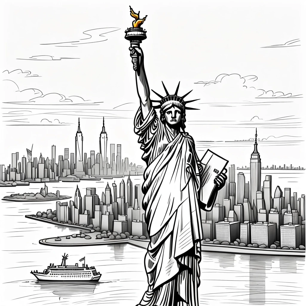 Statue of Liberty, New York in the background: simple pencil sketch, only lines and contours, white background, like in a children's book, monochrome. — работа пользователя…