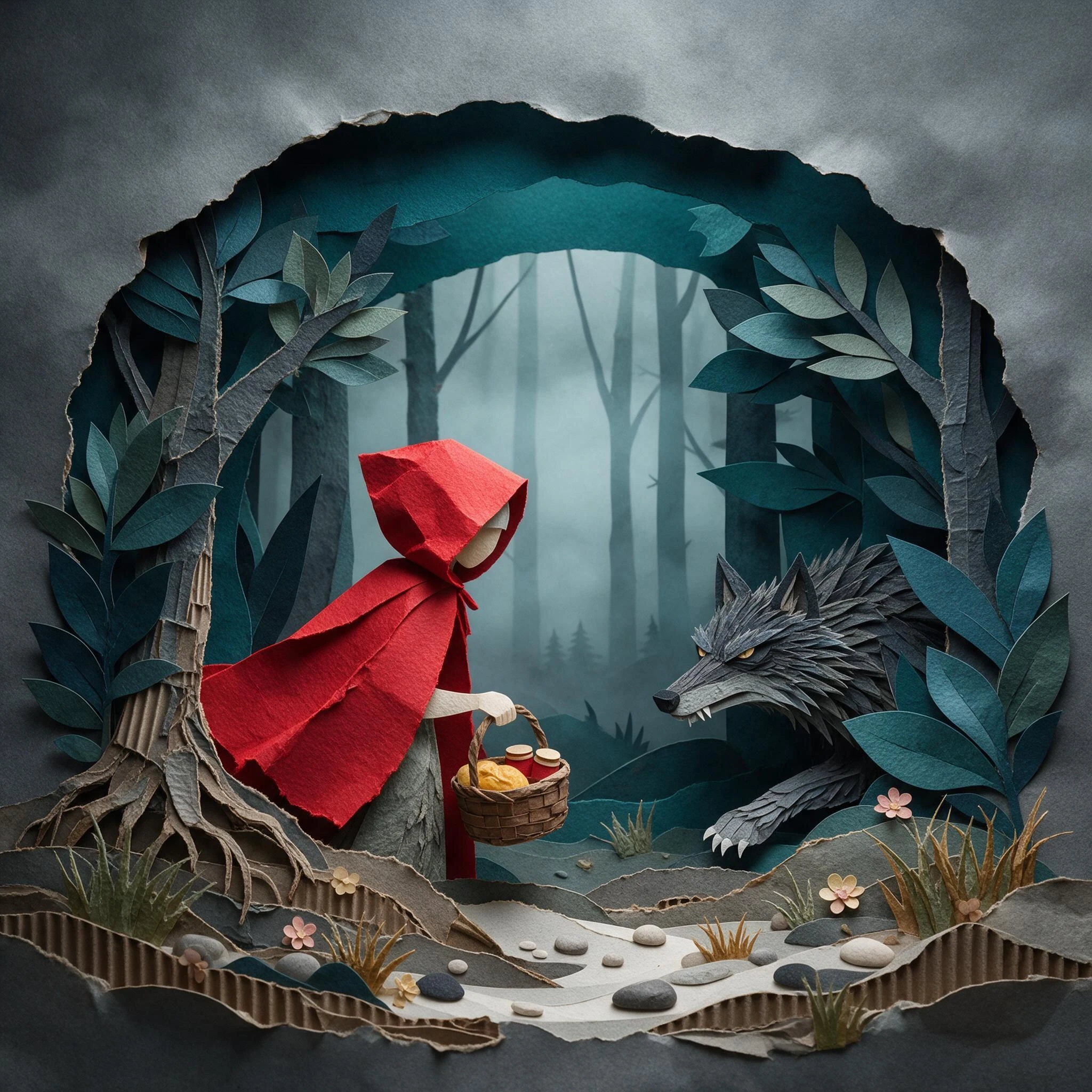 3D multi-layered papercut art of Little Red Riding Hood and a wolf in a misty forest, crafted from various contrasting paper textures, layered corrugated cardboard and fibrous…