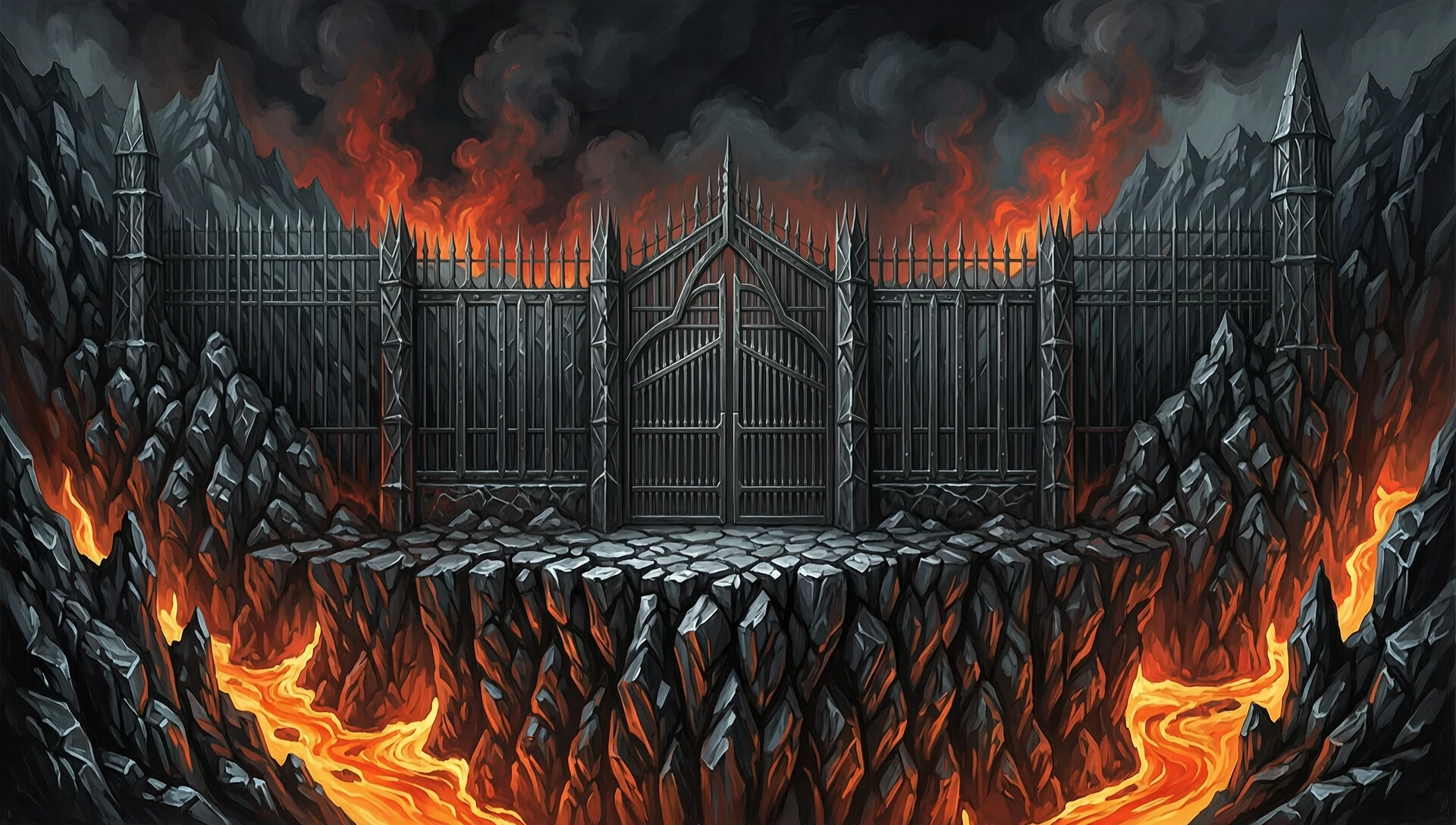 Dark fantasy oil painting artwork, widescreen 16:9 layout. The monumental iron fortress of Angband, the underground citadel of Morgoth, strictly built according to J.R.R.…