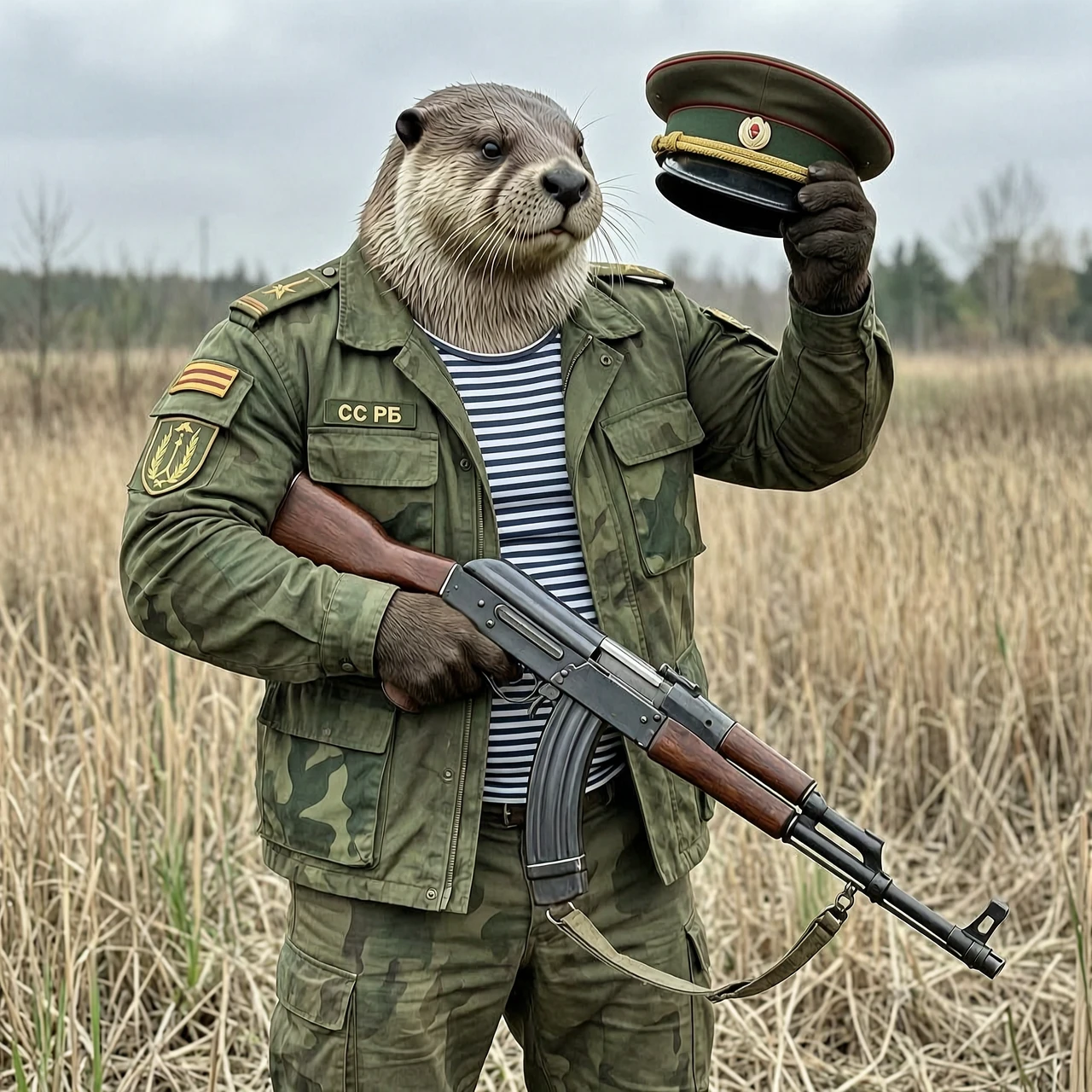 Сгенерируй изображение (Антропоморфный накаченный бобёр военный, в левой руке он держит берет (он как будто его вот вот оденет), в правой руке держит акс-74 дулом вниз. Одежда…